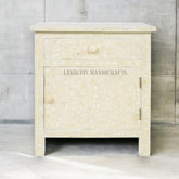 Bone Inlay Floral Design 1 Drawer & 1 Door Bedside Table Off-White | Bone Inlay Floral Design 1 Drawer & 1 Door Nightstand Table Off-White